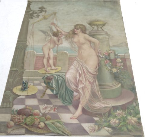 "Venus & Cupid", B.Y. Blankman: Painting on fabric, hand painted. Unframed. Signed lower left B.Y. Blankman. Approx. 71" H x 52" W. Good condition.
