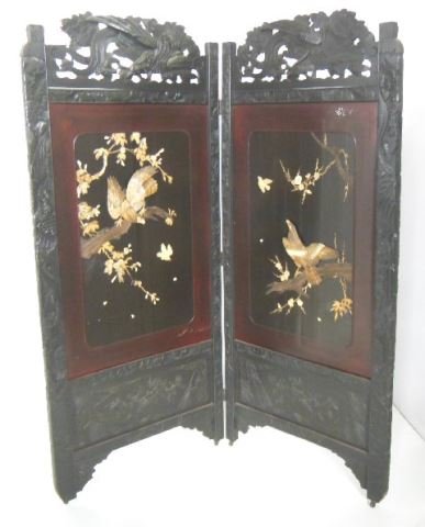 Chinese double paneled carved wood screen: With hardstone applique. Birds on trees, front & back. Approx. 72" H x 62" W. Good condition.