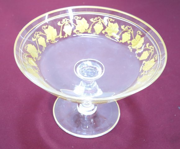 Val Saint Lambert heavy serving dish: Gilt rim, raised floral gilt motif. Signed. H- approx. 5 1/2", D- approx 81/4".From the Estate of Chris Peckham.