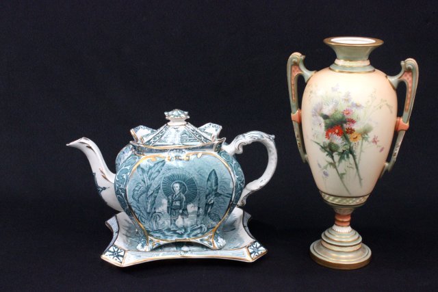 Royal Worcester Vase with English Teapot: Vase approx. 9" high, teapot on stand in the asian manner. (3465)