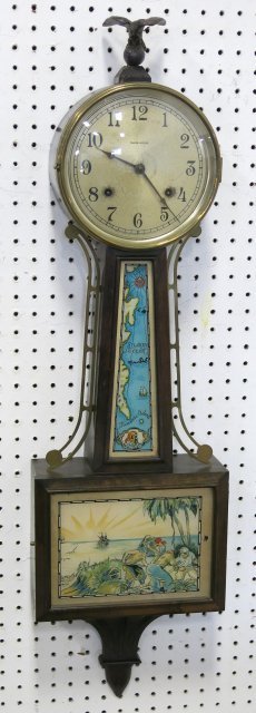 Ingraham banjo clock with "Eagle" at top: Approx. 39" H. (3467) Good condition.
