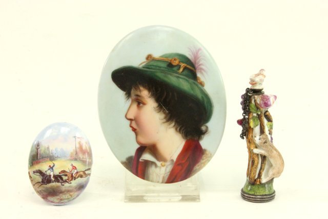Group lot of 3 pieces: Including antique porcelain snuff bottle, bear climbing tree to get to bird with silver rimmed carnelian stone bottom - 2 1/2" high with porcelain portrait of a boy - unframed - 3 1/2" x 2 1/2" and en