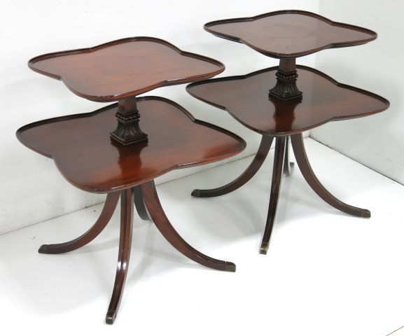 Pair mahogany 2 tier tables ca. 1940's: "Clover" shaped, Duncan Phyfe leg. Appro. 29" H x 23" x 23.5". From a Linden, NJ estate. (3477) Good condition.