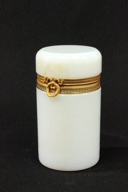 Opaline glass cylindrical box: Approx. 5" H x 2.5". From a Linden, NJ home. (3476) Good condition.