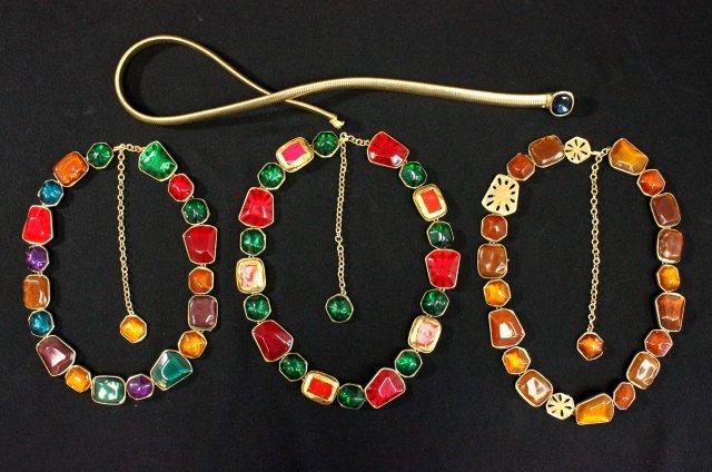 Lot of Kenneth Lane belts: Including: 1- Kenneth Lane multi colored stone belt, approx. 26.5" L with 7.75" adjustable chain. 1- Kenneth Lane multi colored stone belt, approx. 25" L with 7.75" adjustable chain. 1- Kenneth Lane a