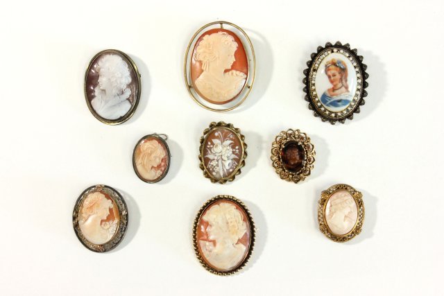 Lot of cameo brooches: Including: Sterling, Florenza, brown glass cameo brooch. Total 9 pieces. Limoges has hairline crack.