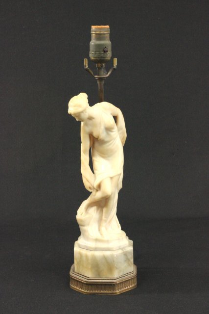 Semi nude art deco figure mounted as a lamp: "Semi Nude Woman", alabaster, signed on back Valentin, Made in Austria 5334W7. Approx. 13" H, total height 18" H. (3468) Good condition.
