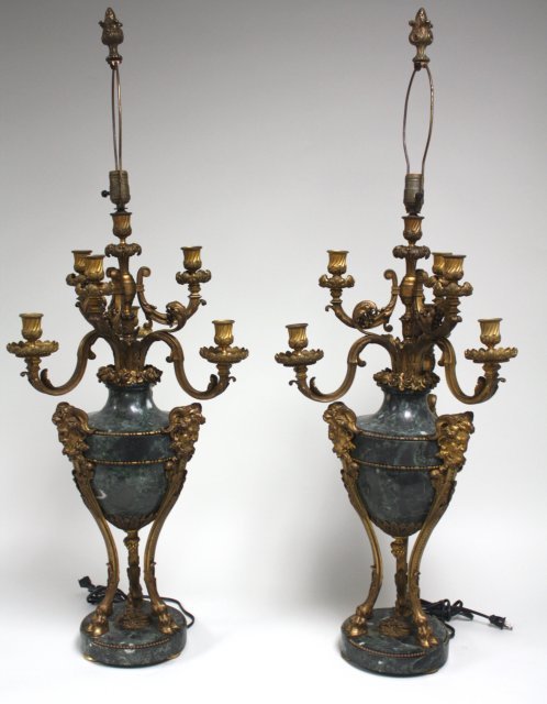 Pair bronze & marble candelabras mounted as lamps: 19th c., 6 arm, "Ram's Heads & Hoof Feet", verde marble. Approx. 45.5" H to top of finial. (3458) Good condition.