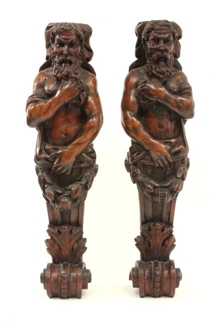Pair carved figural wall/hang/supports: Approx. 24" H. Good condition.