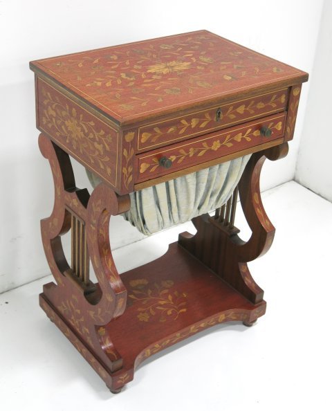 Marquetry inlaid sewing stand: Circa 1890. Approx. 28" x 19" x 14".