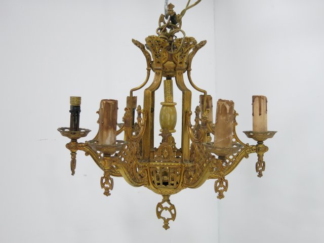 6 light brass Gothic style fixture: Circa 1920's. Approx. 14" H x 17" W. (3458.3) Good condition.