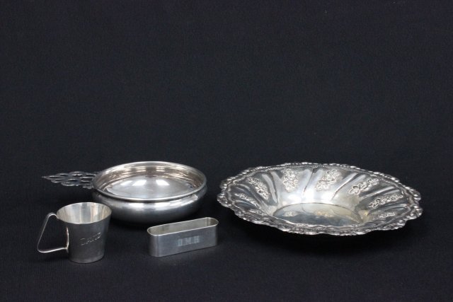 Group lot of 4 sterling silver & 800 items: Including: 800 silver "Floral" bowl, Approx. 4.1 ozt, 8.25" Diam. Webster baby cup, napkin ring & porringer, total weight of sterling approx. 6.2 ozt. Good condition.