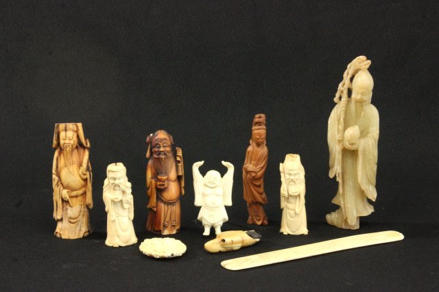 10 Various Chinese Carvings: Including bone, soapstone and wood. Some loses