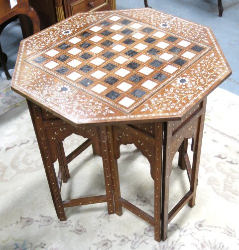 Marquetry inlaid Turkish chess table: Octagonal. Approx. 24" x 24". From a Bergen County, NJ estate. Finish worn.