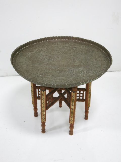 Moroccan brass top inlaid table: Approx. 21" H x 25.5" W.