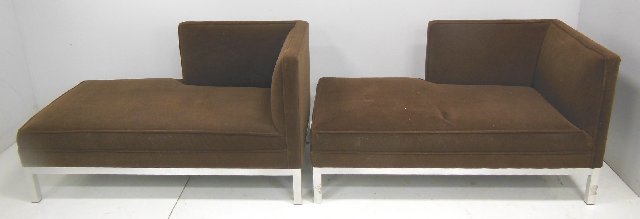 Pair mid century chaise lounge: Approx. 30" H half back x 58" L x 28.5" D x 16" seat height. Good condition.