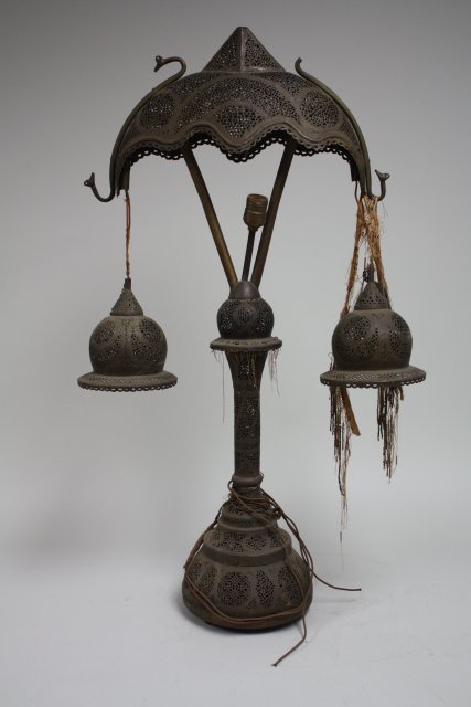 Morrocan lamp with hanging shade: Approx. 37" H x 18" W. Missing finial.
