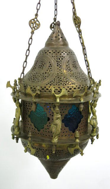 Brass & colored glass hanging light: Approx. 22" H. Good condition.