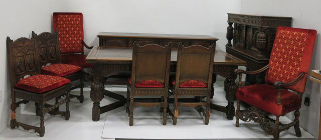 Kittinger Oak refractory dining room set: 9 pieces. Jacobean style, circa 1920's. Made by Kittinger. From a Manhattan Beach, Brooklyn estate.