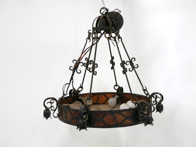 Gothic style iron and mica chandelier: Approx. 32" W x 27" H. From a Manhattan Beach, Brooklyn estate.