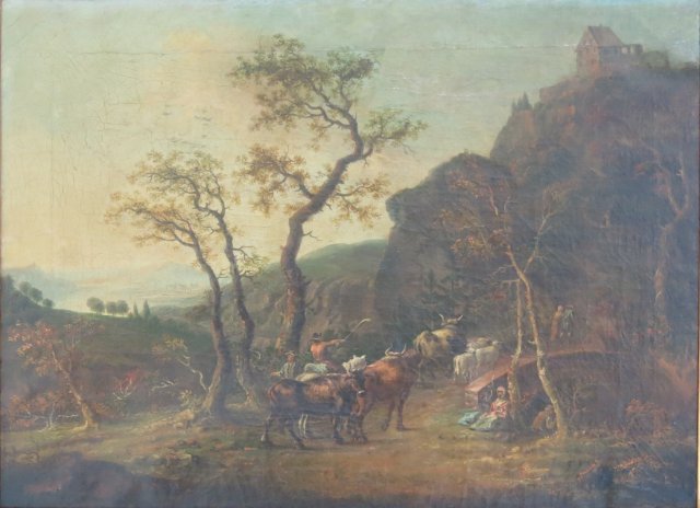 "Cattle Moving Stone Across Bridge": Oil on canvas. Framed. Primitive 18th or 19th century. Approx. 16" x 22" w/o frame, 24" x 30" with frame. From a Manhattan Beach, Brooklyn estate.