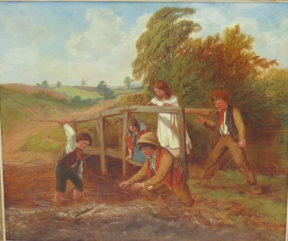 Children catching fish by bridge, H. Barstone: Oil on canvas. Framed. Signed lower right. Late 19th century or early 20th century. Approx. 25" x 30" w/o frame, 33.5" x 39" with frame. From a Manhattan Beach, Brooklyn estate.