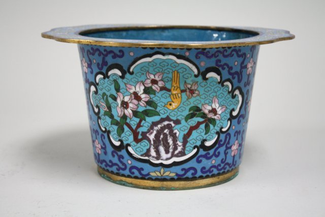 Chinese cloisonne enamel on brass censer: 2 panels "Scenes of Birds in Trees". Approx. 5.5" H x 9.5" D. From a Bergen County, NJ estate. Good condition.