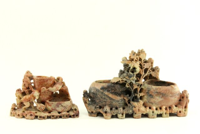 2 Chinese soapstone carvings: Including: 1- Depicting "Birds & Monkeys at play", approx. 5.5" H x 8" D. 1- "Floral" carving, approx. 8" H x 12" across. From a Bergen County, NJ estate. Chip on back ledge of "Birds & Monkey" carvin
