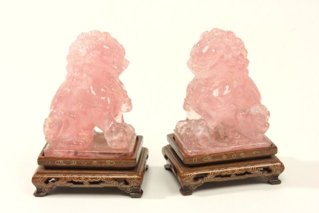 Pair pink quartz foo dogs on stands: 3 1/2" x 3" From a 40 year collection Good condition