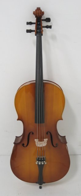 Cello with Leon Aubert label inside: Made in Romania. Good condition, nicks to finish.