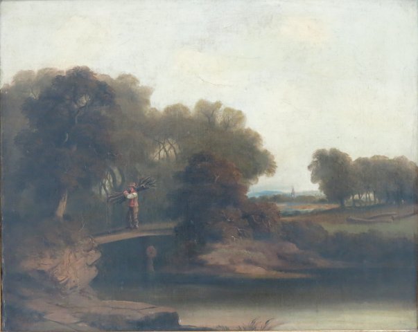 English landscape painting: Oil on board, Carrying wood over the bridge. Late19th, early 20th century. Relined gilt framed. Approx. 20" H x 24" W, without frame 24" H x 28 1/2" W with frame.