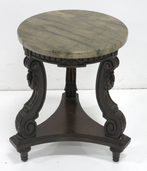 Marble top belle epoque tabourette: Round, walnut. Approx. 24" H, 18" D.