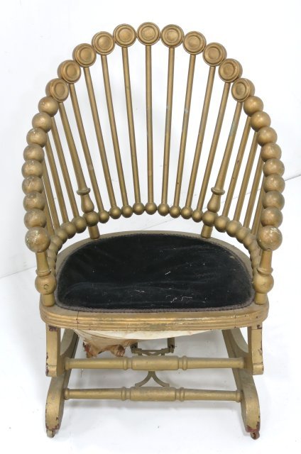 Painted F. Huntzinger stick & ball lollypop rocker: Approx. 32" H x 22.5" W x 19" D. Seat as is.
