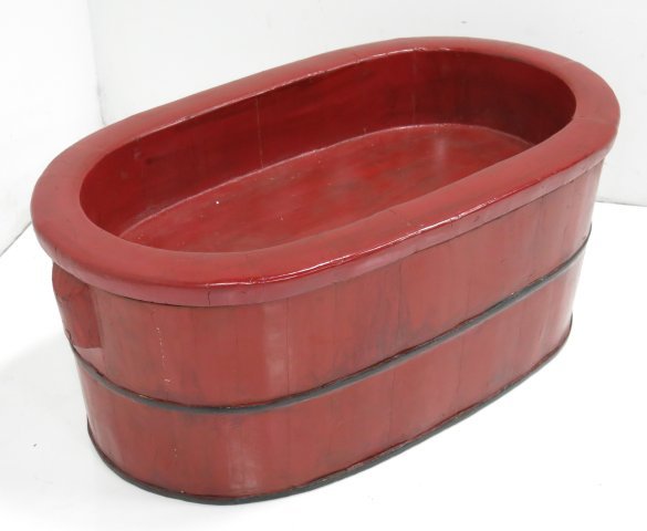 Red iron banded 2 part Vintner tub ca. 19th c.: Approx. 15" H. Good condition.