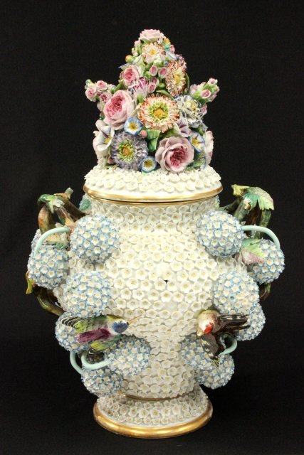German porcelain "Schneballen" covered urn: 18"H, crossed swords mark chips throughout
