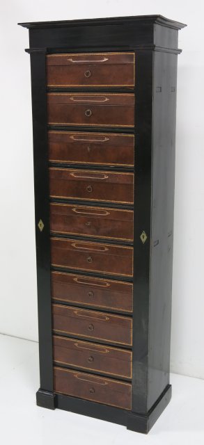French antique cartonnier: Ten drawers with gold tooled leather. Approx. 71" H, 22" W, 12" D. Top slightly warped