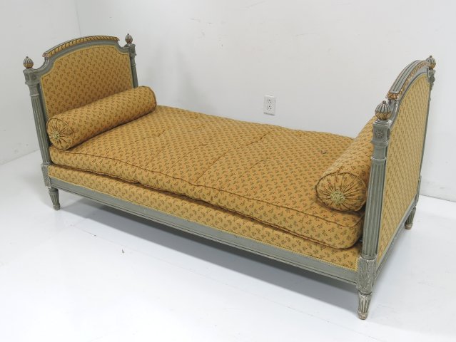 Louis XVI style grey painted settee w/gilt: Early 20th c. Approx. 33 1/2" H x 70 1/2" x 31" D. Seat height- approx. 16 1/2".