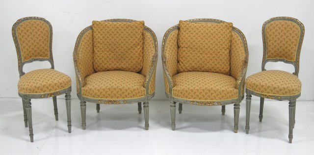 Louis XVI style bergeres & side chairs: Pair of bergeres and pair of side chairs. Wear to paint
