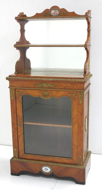 Gilt bronze mounted French cabinet & etagere: Parquetry & porcelain mounts, late 19th/early 20th c. Approx. 64" H x 30" W x 15" D. Generally good condition.