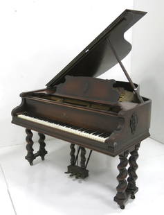 Steinway mahogany Grand piano: Carved double barley twist turned leg, carved floral design along the body. Model L #266-128. Approx. 70" L. (3494) Mahogany needs refinishing.