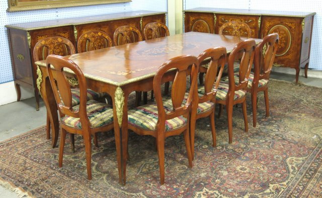 13 piece inlaid dining room set: 10 chairs, large dining table, 2 side boards