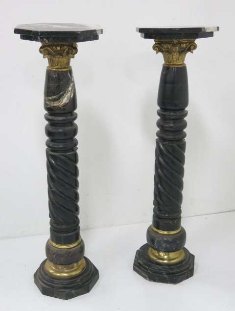 Pair of black marble & bronze ormolu pedestals: 48"H x 13 1/2"W