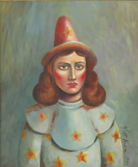 "Female Clown", Walt Kuhn: Oil on canvas, framed, signed lower right, 1944. Walt Kuhn (1877-1949) American. No guarantee of authenticity or provenance. Approx. 24" x 20" without frame, 31" x 27" with frame. Good condition.