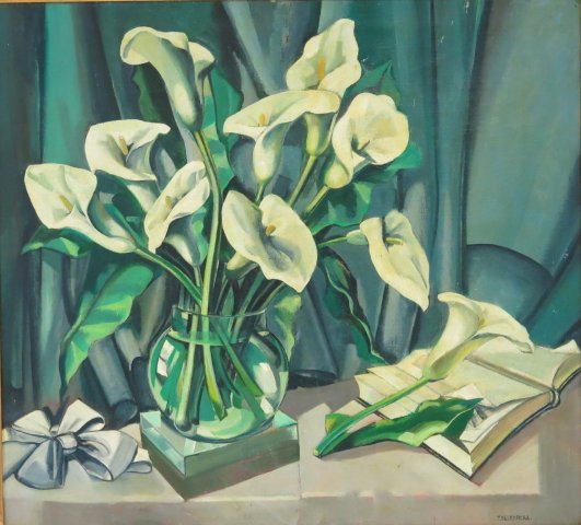 "Floral Still Life", Tamara De Lempicka: Oil on canvas, signed lower right. Tamara De Lempicka (1898-1980). No guarantee of authenticity or provenance. Approx. 28" x 30" without frame, 34" x 38" with frame. Minor scratches.