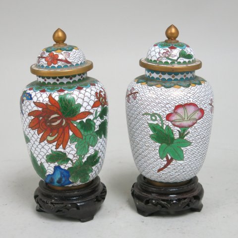 Pair of Cabinet Size Cloissone Covered Vases: Decorated with trees & butterfly's. Approx. 6" high. Part of Long Island, NY Estate.
