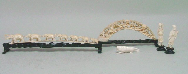Group Lot of Bone Items: Including walking elephants on wood base, bridge shape village carving on wood base, pair of Wise Man on base and small lion. Part of Long Island, NY Estate. Some losses on elephants