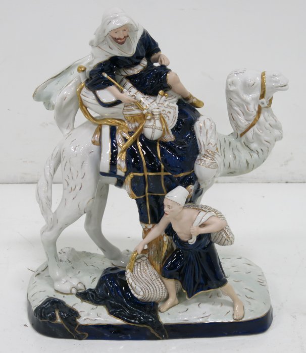 Royal Dux porcelain grouping "Bedouin Traveler": Approx. 24" H x 19" L. (3484) With restorations.