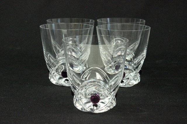 Lalique, France 5 "Modernism" tumblers: Applied purple glass decoration.