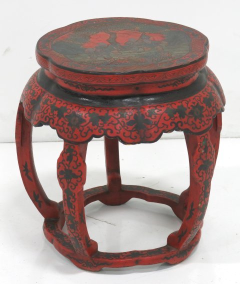 Red Japanese lacquered stool: Approx. 19"H x 15"D damages on top