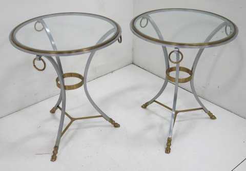 Pair of brass & steel gueridons with glass tops: 28"H x 22"D